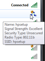Windows 7 showing available secure and unsecured wireless networks